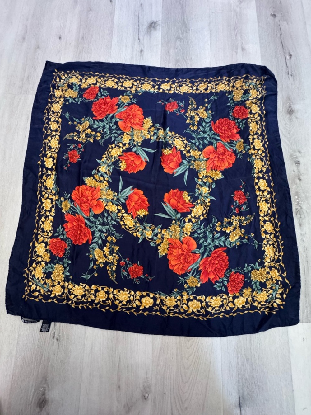 Navy Floral Square Scarf with Red Blooms and Gold Border